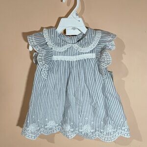 Cupcakes & Cashmere Blue & White Striped Lace-Trim Baby Dress With Headband Bow